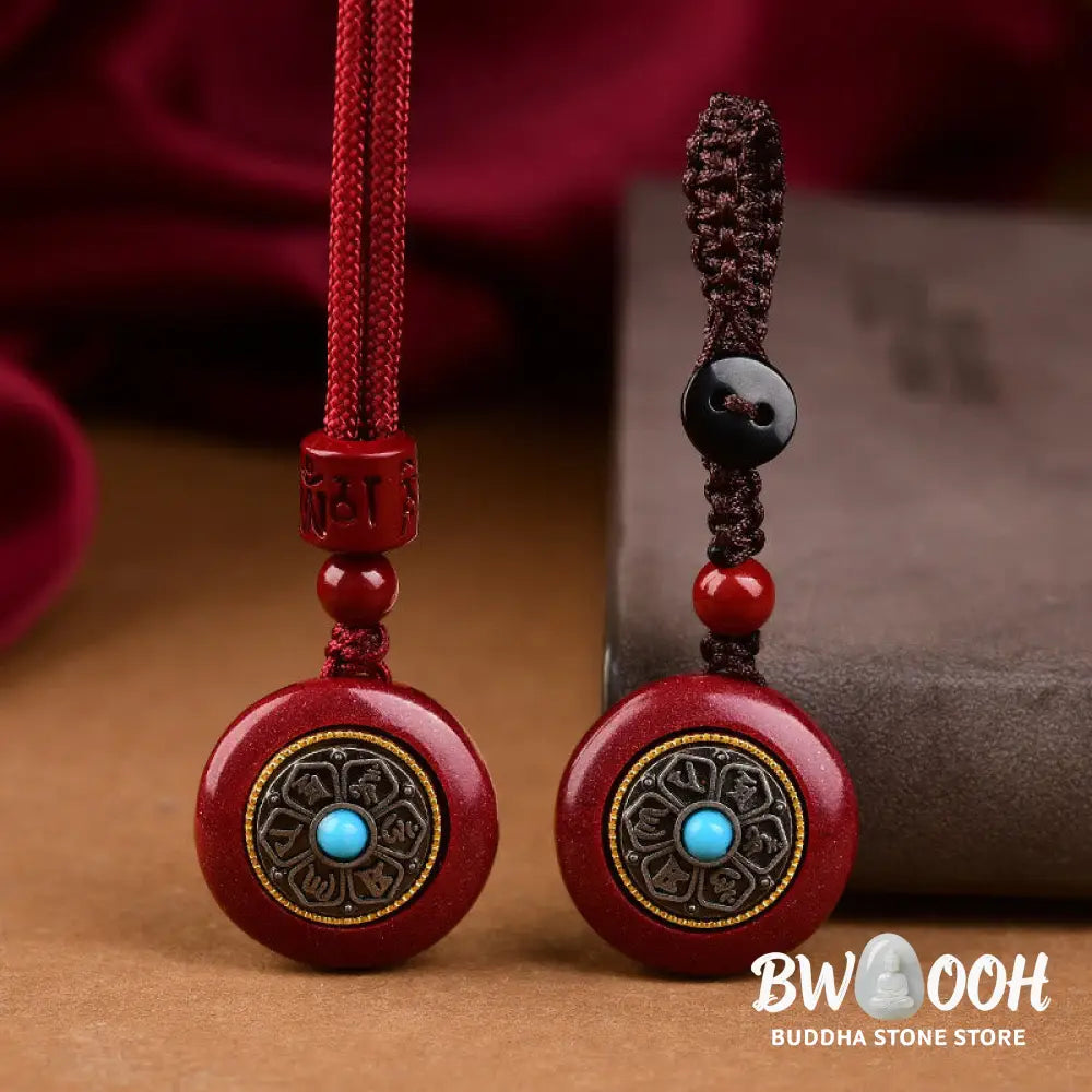 Buddha Stones Natural Cinnabar Six True Words ’Om Mani Padme Hum’ Braided String Blessing Key Chain Necklace Pendant