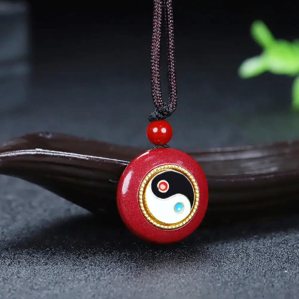 Buddha Stones Natural Cinnabar Yin Yang Design Braided String Blessing Necklace Pendant - BWOOOH - Cinnabar Yin Yang