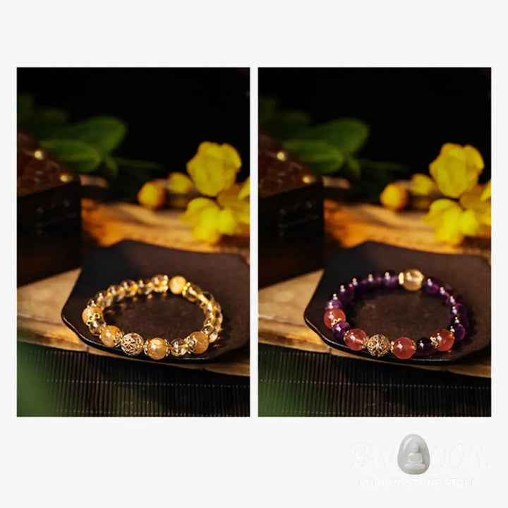 Buddha Stones Natural Citrine Amethyst Rutilated Quartz Prosperity Protection Bracelet - BWOOOH - Bracelet