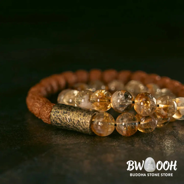 Buddha Stones Natural Citrine Crystal Rudraksha Bodhi Seed Brass Bead Prosperity Double Wrap Bracelet - BWOOOH