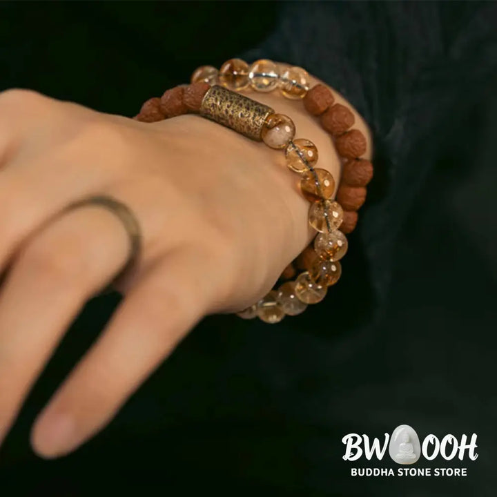 Buddha Stones Natural Citrine Crystal Rudraksha Bodhi Seed Brass Bead Prosperity Double Wrap Bracelet - BWOOOH