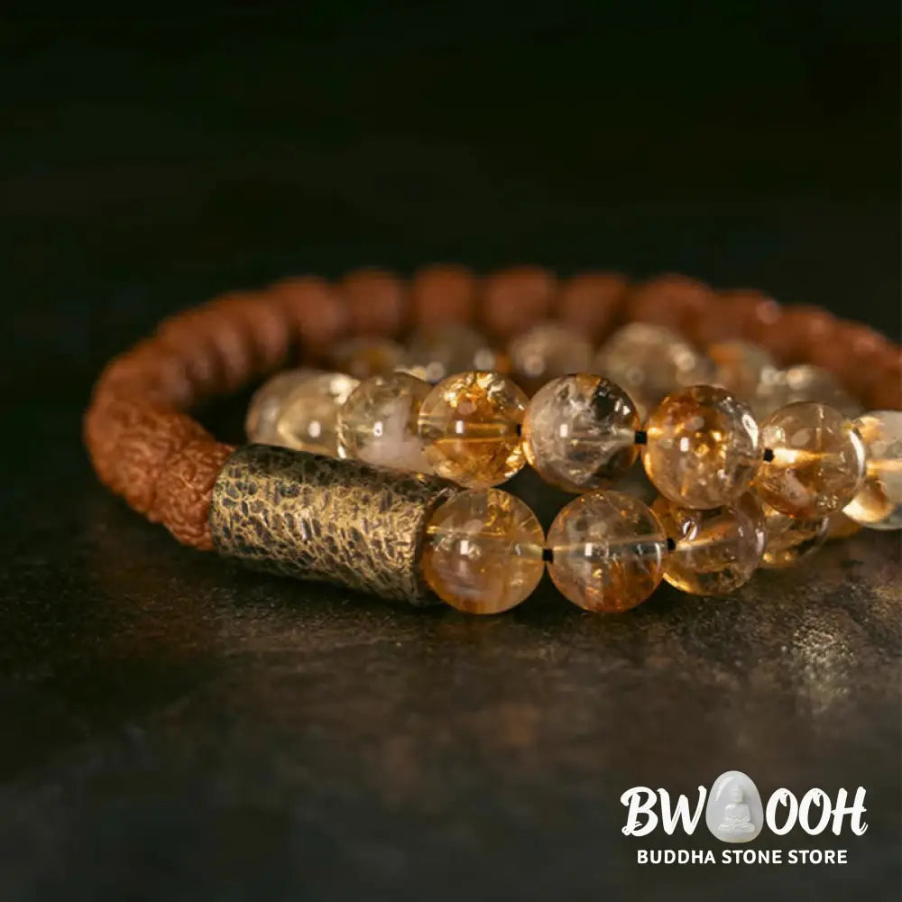 Buddha Stones Natural Citrine Crystal Rudraksha Bodhi Seed Brass Bead Prosperity Double Wrap Bracelet - BWOOOH