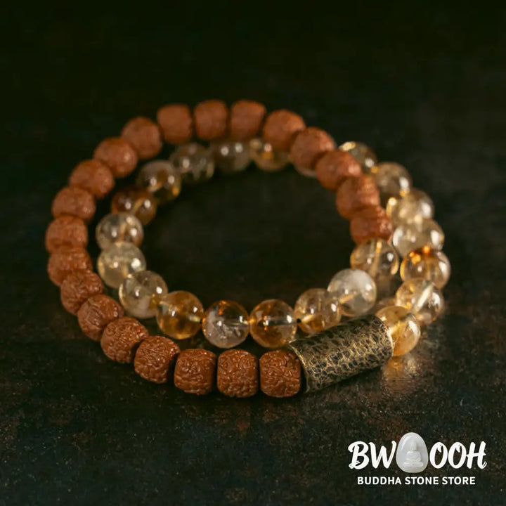 Buddha Stones Natural Citrine Crystal Rudraksha Bodhi Seed Brass Bead Prosperity Double Wrap Bracelet - BWOOOH