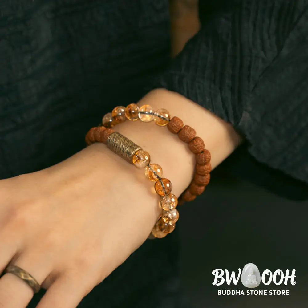 Buddha Stones Natural Citrine Crystal Rudraksha Bodhi Seed Brass Bead Prosperity Double Wrap Bracelet - BWOOOH