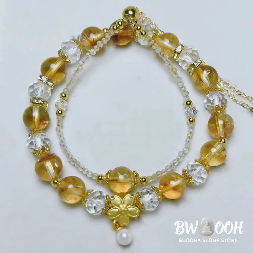 Buddha Stones Natural Citrine Glass Beads Flower Multiple Layers Prosperity Bracelet - BWOOOH - Citrine(Wrist