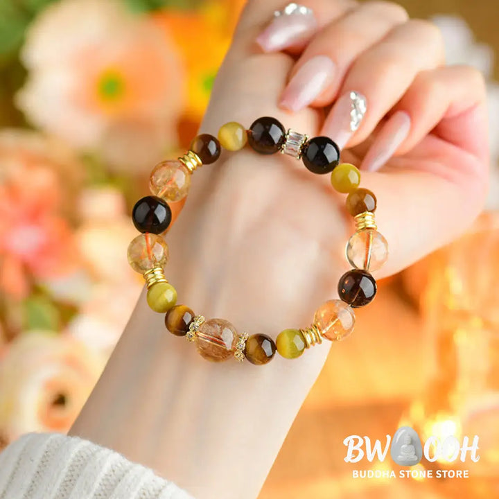 Buddha Stones Natural Citrine Smoky Quartz Tiger Eye Duobao Crystal Prosperity Bracelet - BWOOOH - Citrine Smoky Quartz