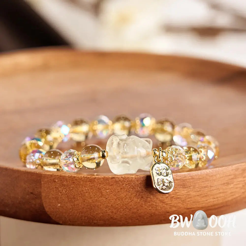 Buddha Stones Natural Citrine White Crystal Nine Tailed Fox Attracting Wealth Charm Energy Bracelet - BWOOOH