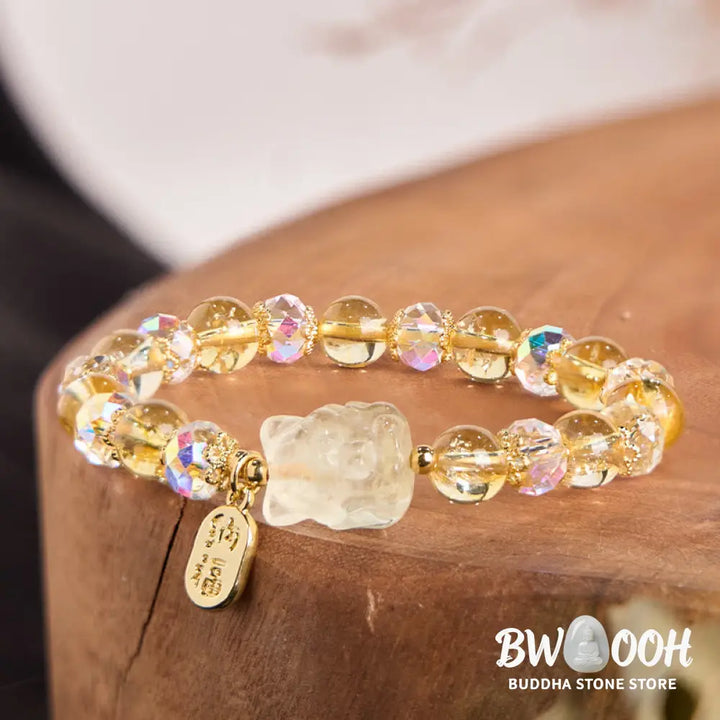 Buddha Stones Natural Citrine White Crystal Nine Tailed Fox Attracting Wealth Charm Energy Bracelet - BWOOOH