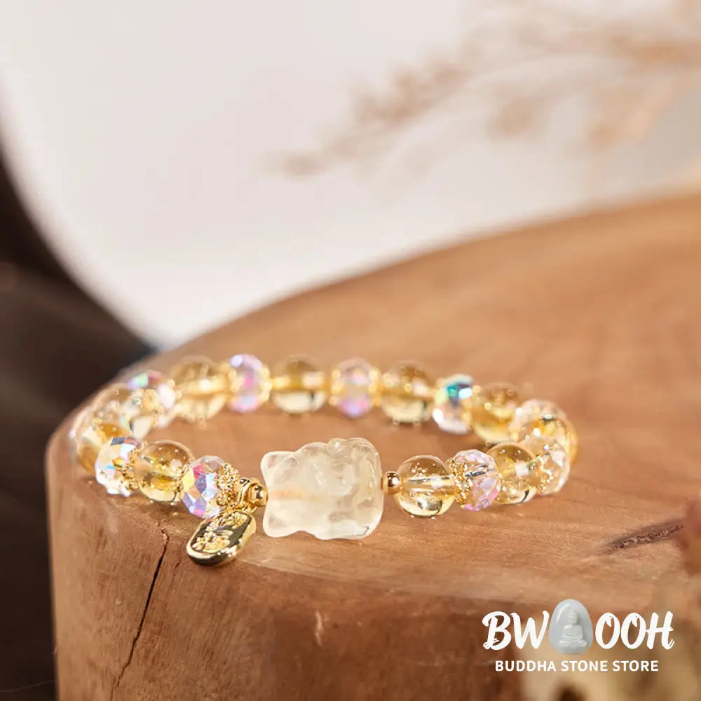 Buddha Stones Natural Citrine White Crystal Nine Tailed Fox Attracting Wealth Charm Energy Bracelet - BWOOOH