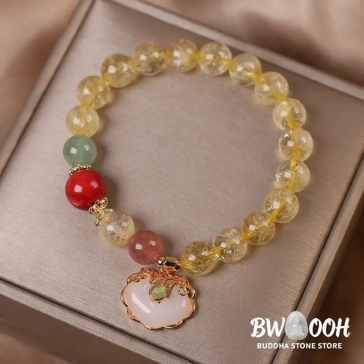 Buddha Stones Natural Citrine White Jade Strawberry Quartz Protection Charm Bracelet - BWOOOH - Citrine - Bracelet
