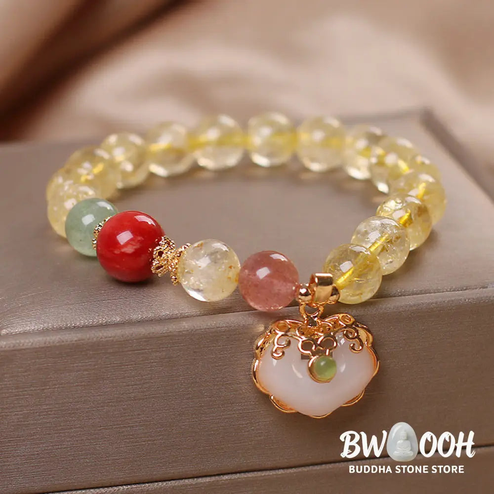 Buddha Stones Natural Citrine White Jade Strawberry Quartz Protection Charm Bracelet - BWOOOH - Citrine - Bracelet