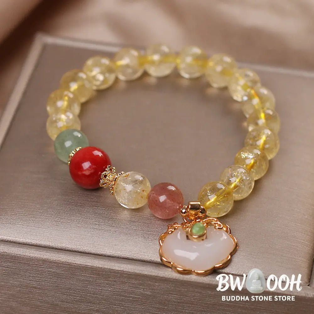 Buddha Stones Natural Citrine White Jade Strawberry Quartz Protection Charm Bracelet - BWOOOH - Citrine - Bracelet