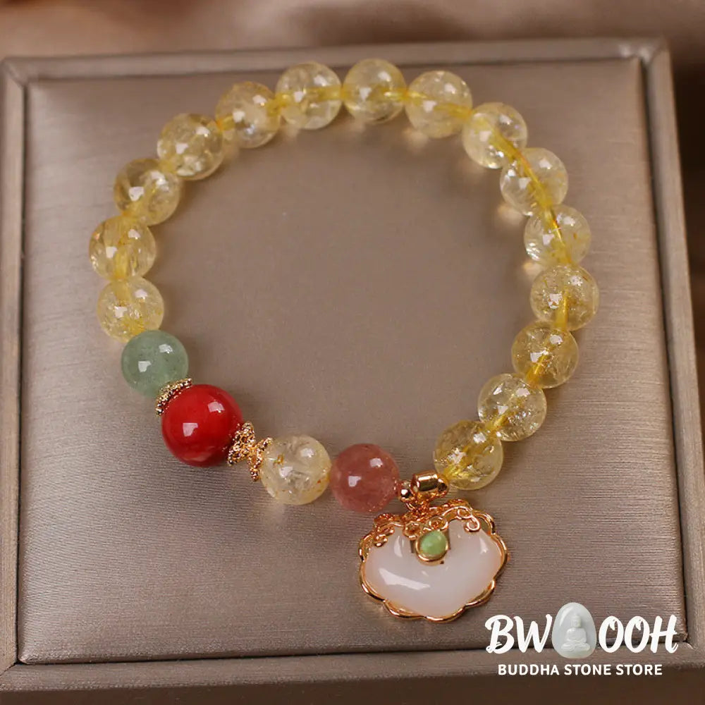 Buddha Stones Natural Citrine White Jade Strawberry Quartz Protection Charm Bracelet - BWOOOH - Citrine - Bracelet