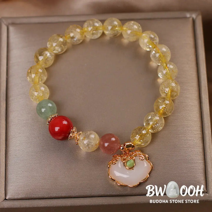 Buddha Stones Natural Citrine White Jade Strawberry Quartz Protection Charm Bracelet - BWOOOH - Citrine - Bracelet