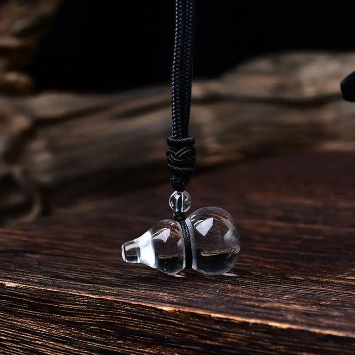 Buddha Stones Natural Clear Quartz Gourd Protection Beads Rope Necklace - BWOOOH - Black Rope - Necklace