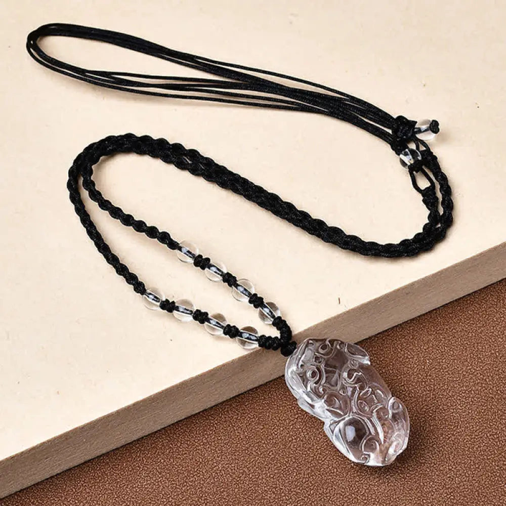Buddha Stones Natural Clear Quartz Pixiu Clarity Beads Rope Necklace - BWOOOH - A Pixiu Facing Left / Clear