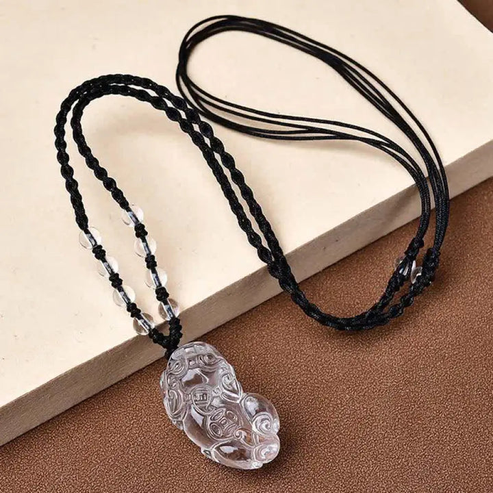 Buddha Stones Natural Clear Quartz Pixiu Clarity Beads Rope Necklace - BWOOOH - A Pixiu Facing Right / Clear