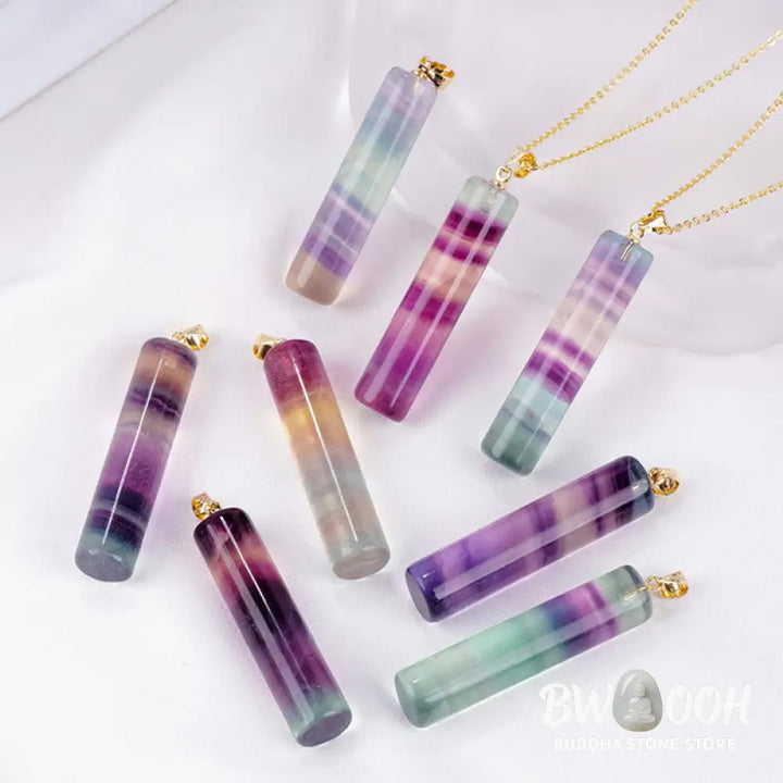 Buddha Stones Natural Colorful Fluorite Cylindrical Protection Necklace Pendant - BWOOOH - Natural Fluorite(Color Shape