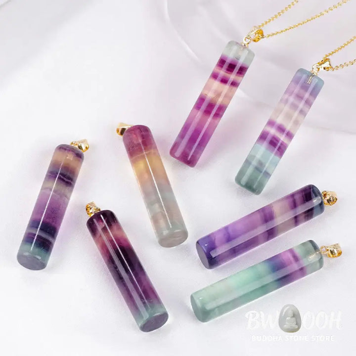 Buddha Stones Natural Colorful Fluorite Cylindrical Protection Necklace Pendant - BWOOOH - Natural Fluorite(Color Shape