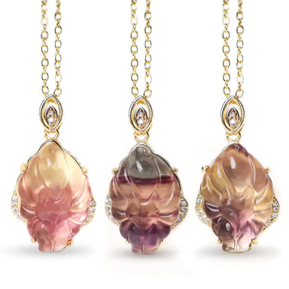 BWOOOH Natural Colorful Fluorite Nine Tailed Fox Protection Necklace Pendant crystal healing necklace