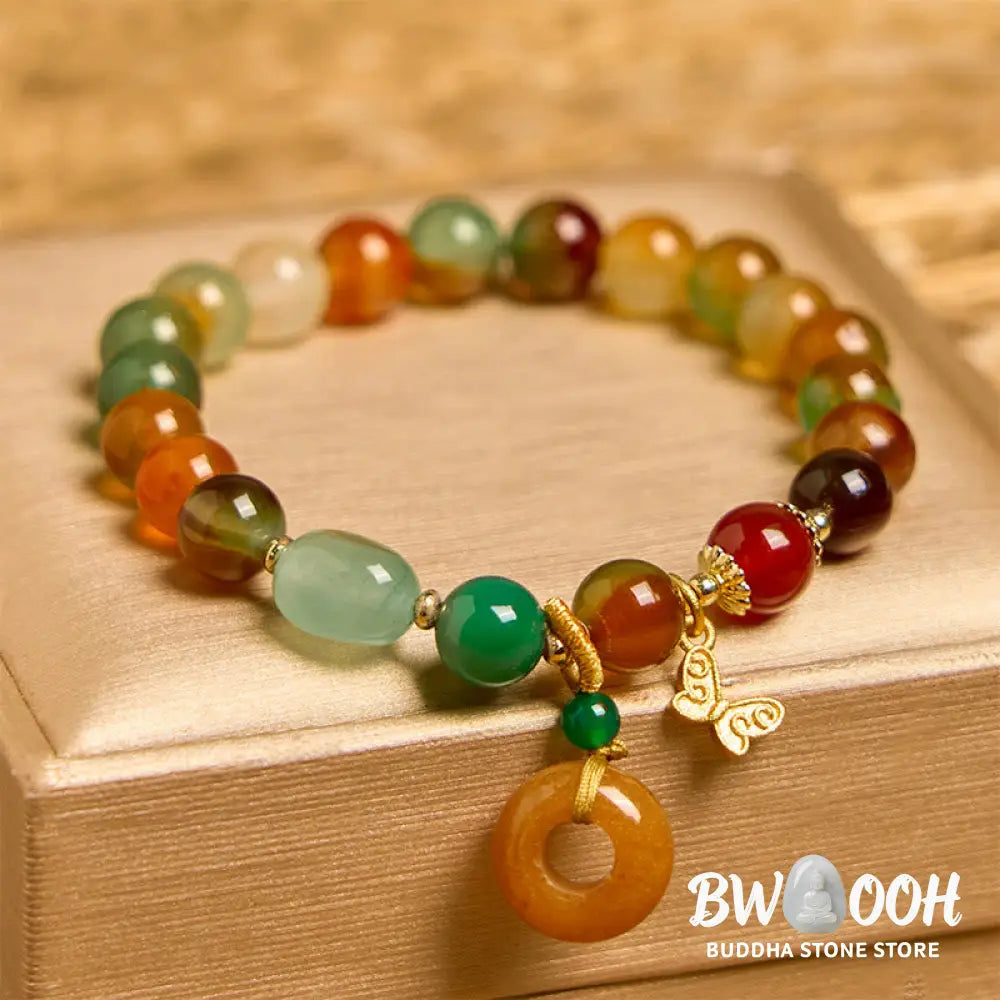 Buddha Stones Natural Colorful Peacock Agate Butterfly Peace Buckle Lily Of The Valley Support Bracelet - BWOOOH