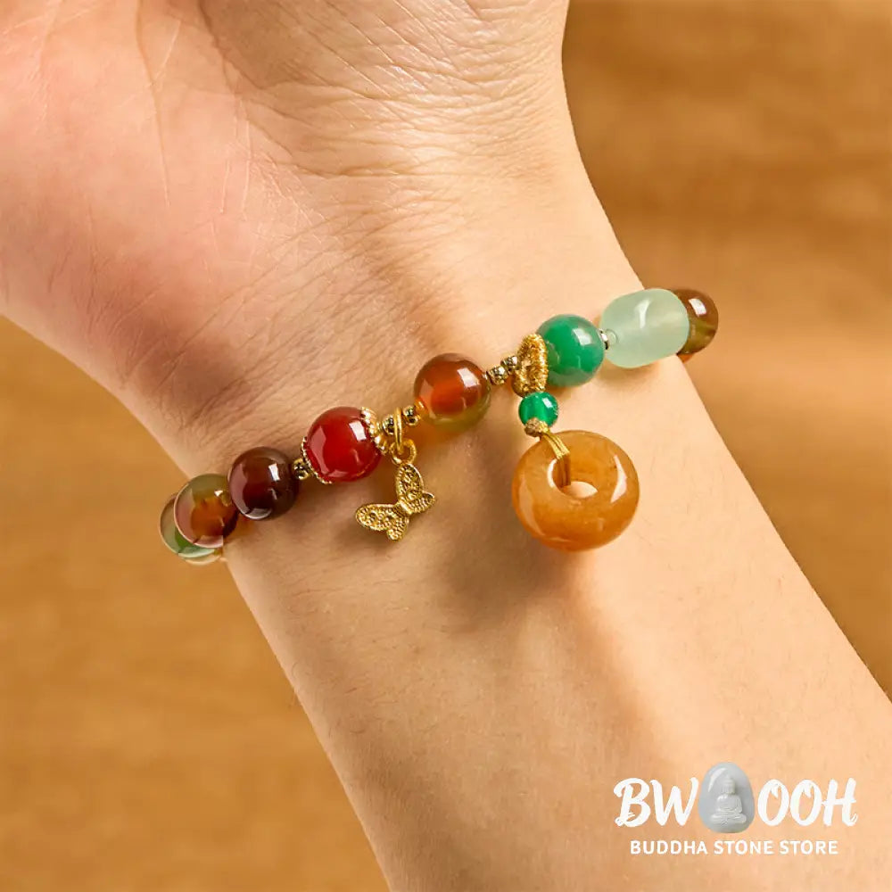 Buddha Stones Natural Colorful Peacock Agate Butterfly Peace Buckle Lily Of The Valley Support Bracelet - BWOOOH