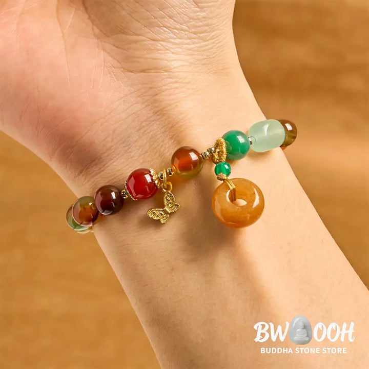 Buddha Stones Natural Colorful Peacock Agate Butterfly Peace Buckle Lily Of The Valley Support Bracelet - BWOOOH