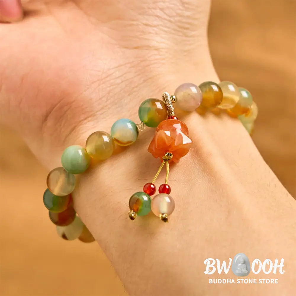 Buddha Stones Natural Colorful Peacock Agate Butterfly Peace Buckle Lily Of The Valley Support Bracelet - BWOOOH
