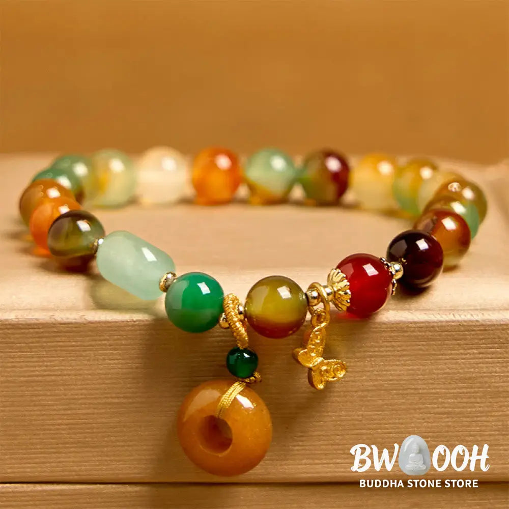 Buddha Stones Natural Colorful Peacock Agate Butterfly Peace Buckle Lily Of The Valley Support Bracelet - BWOOOH