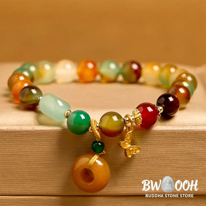 Buddha Stones Natural Colorful Peacock Agate Butterfly Peace Buckle Lily Of The Valley Support Bracelet - BWOOOH