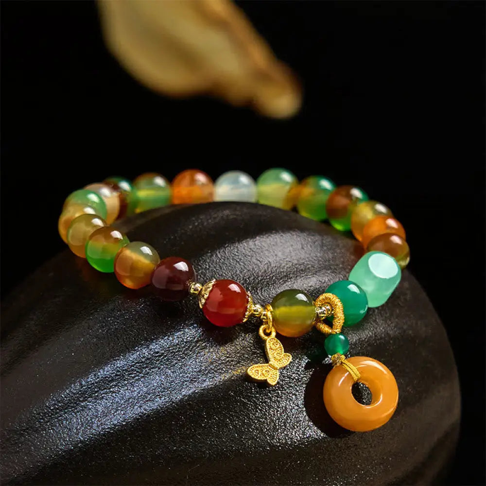 BWOOOH Natural Colorful Peacock Agate Butterfly Peace Buckle Lily Of The Valley Support Bracelet — Agate crystal healing b...