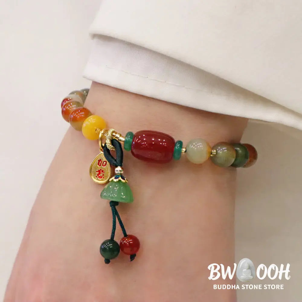 Buddha Stones Natural Colorful Peacock Agate Chalcedony Ruyi As One Wishes Charm Courage Bracelet - BWOOOH - Peacock
