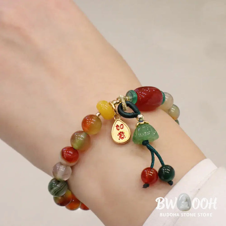 Buddha Stones Natural Colorful Peacock Agate Chalcedony Ruyi As One Wishes Charm Courage Bracelet - BWOOOH - Peacock