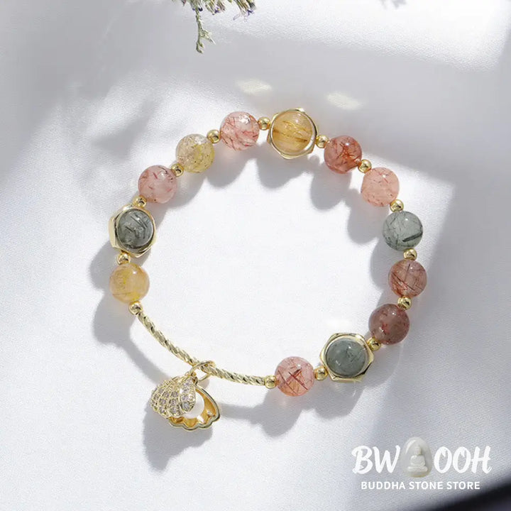 Buddha Stones Natural Colorful Rutilated Quartz Shell Protection Bead Bracelet - BWOOOH - Bracelet
