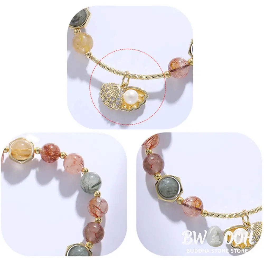 Buddha Stones Natural Colorful Rutilated Quartz Shell Protection Bead Bracelet - BWOOOH - Bracelet