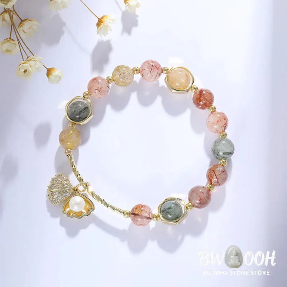 Buddha Stones Natural Colorful Rutilated Quartz Shell Protection Bead Bracelet - BWOOOH - Bracelet
