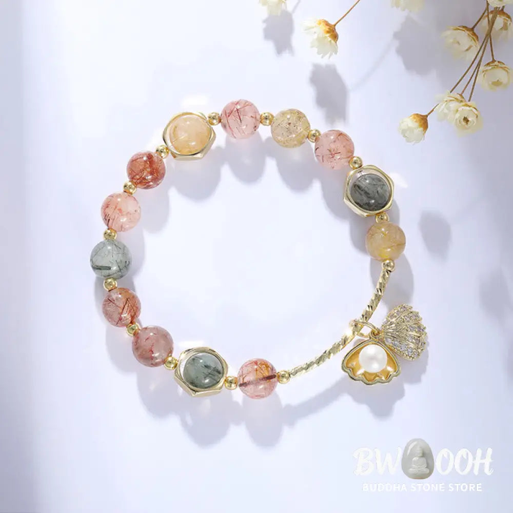 Buddha Stones Natural Colorful Rutilated Quartz Shell Protection Bead Bracelet - BWOOOH - Bracelet