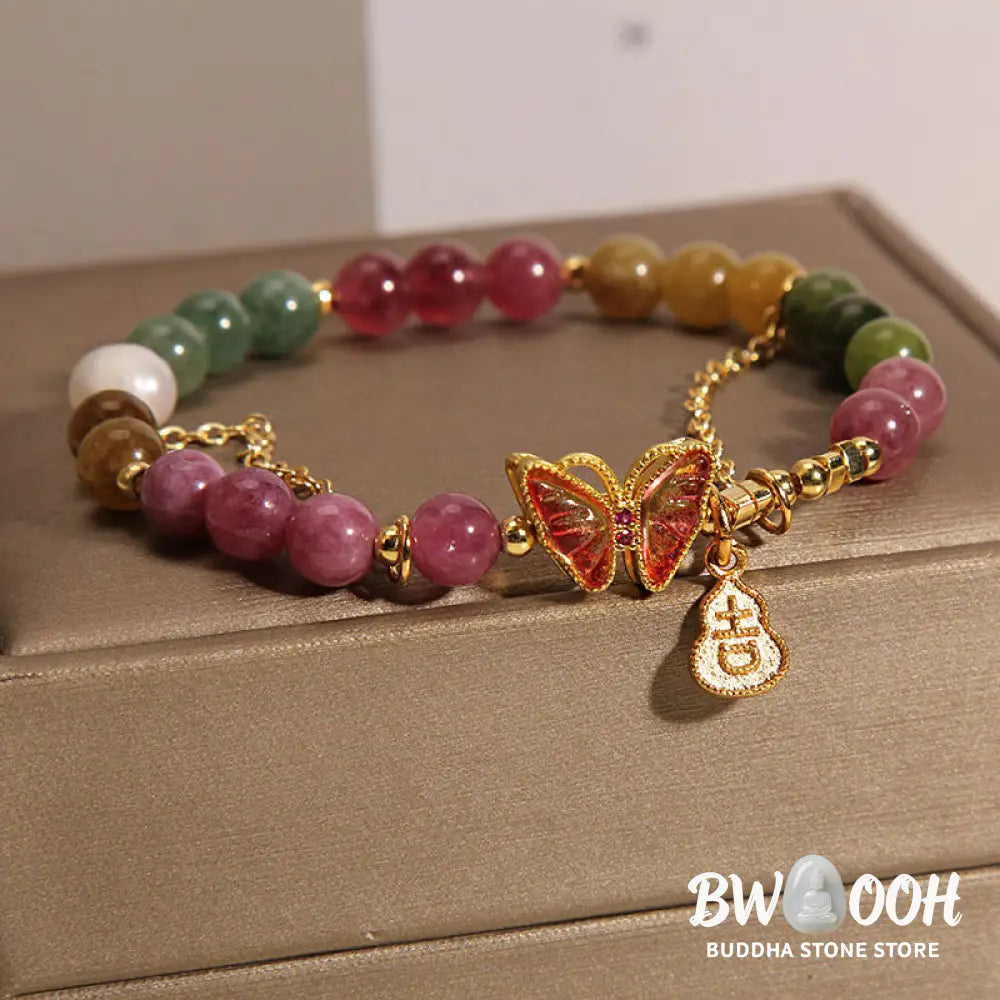 Buddha Stones Natural Colorful Tourmaline Butterfly Auspicious Character Gourd Charm Positive Bracelet - BWOOOH