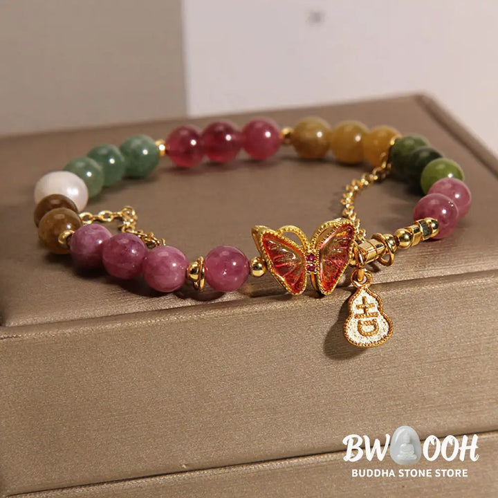 Buddha Stones Natural Colorful Tourmaline Butterfly Auspicious Character Gourd Charm Positive Bracelet - BWOOOH