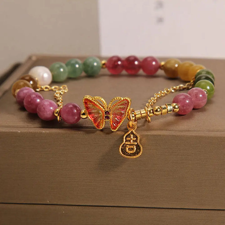 BWOOOH Natural Colorful Tourmaline Butterfly Auspicious Character Gourd Charm Positive Bracelet - BWOOOH