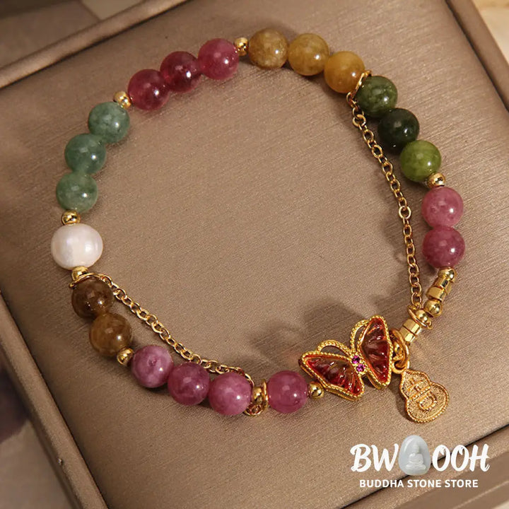 Buddha Stones Natural Colorful Tourmaline Butterfly Auspicious Character Gourd Charm Positive Bracelet - BWOOOH