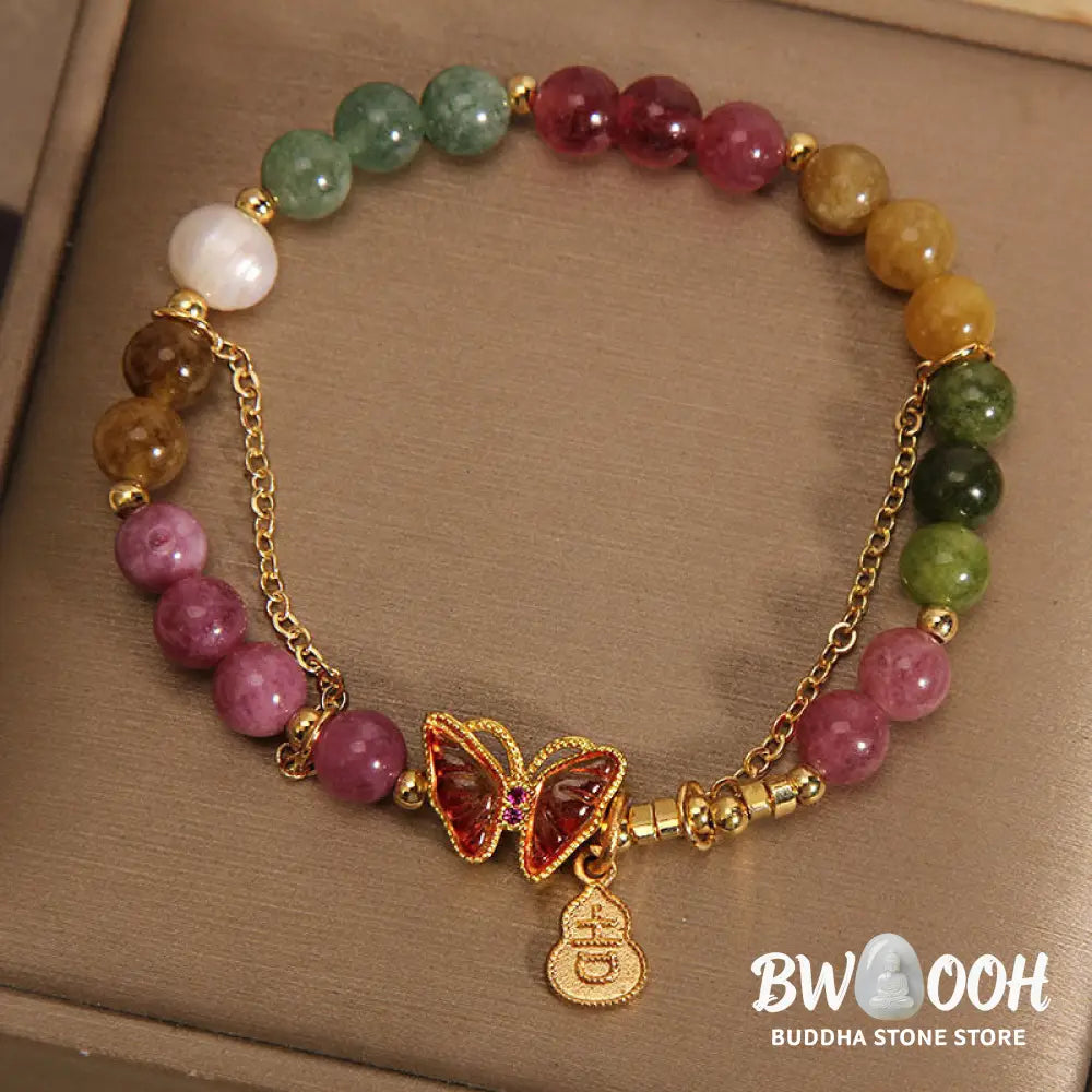 Buddha Stones Natural Colorful Tourmaline Butterfly Auspicious Character Gourd Charm Positive Bracelet - BWOOOH