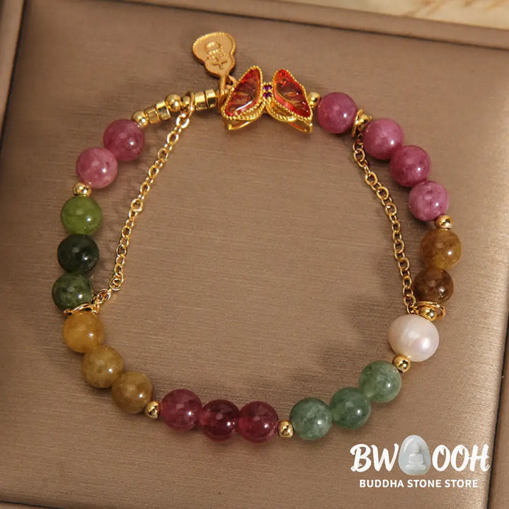 Buddha Stones Natural Colorful Tourmaline Butterfly Auspicious Character Gourd Charm Positive Bracelet - BWOOOH
