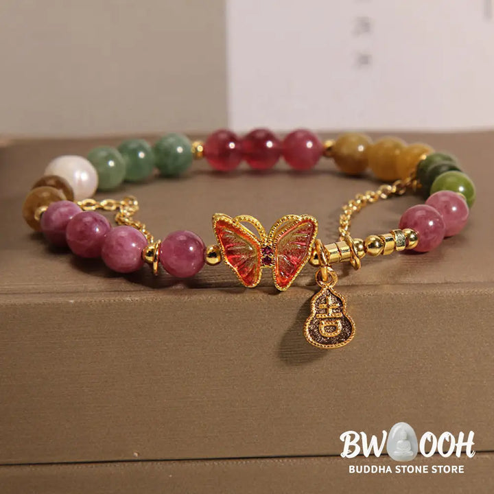 Buddha Stones Natural Colorful Tourmaline Butterfly Auspicious Character Gourd Charm Positive Bracelet - BWOOOH