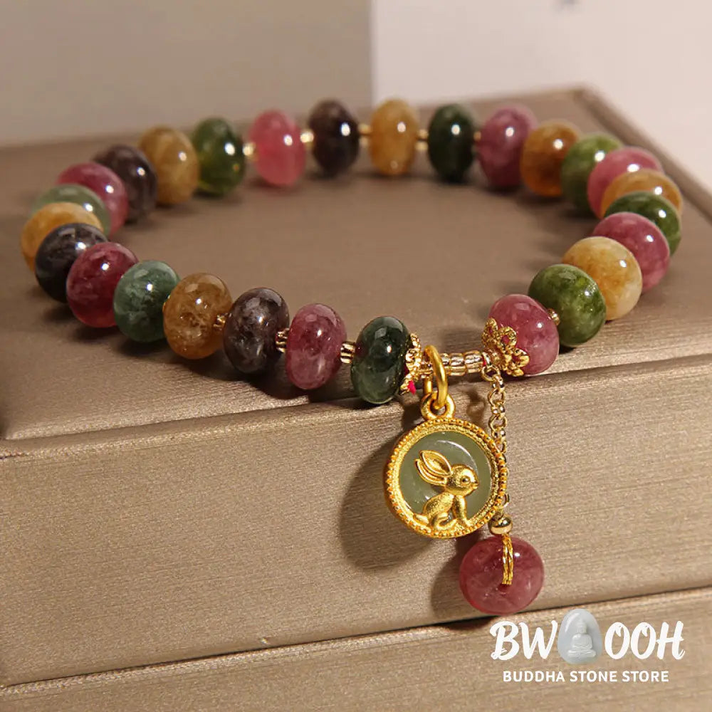 Buddha Stones Natural Colorful Tourmaline Cute Rabbit Charm Positive Bracelet - BWOOOH