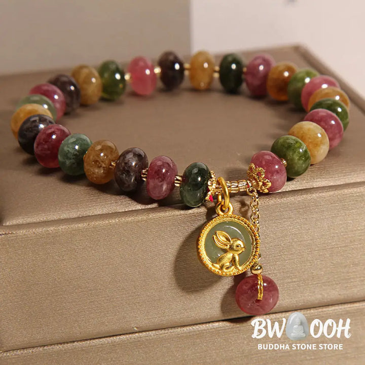 Buddha Stones Natural Colorful Tourmaline Cute Rabbit Charm Positive Bracelet - BWOOOH