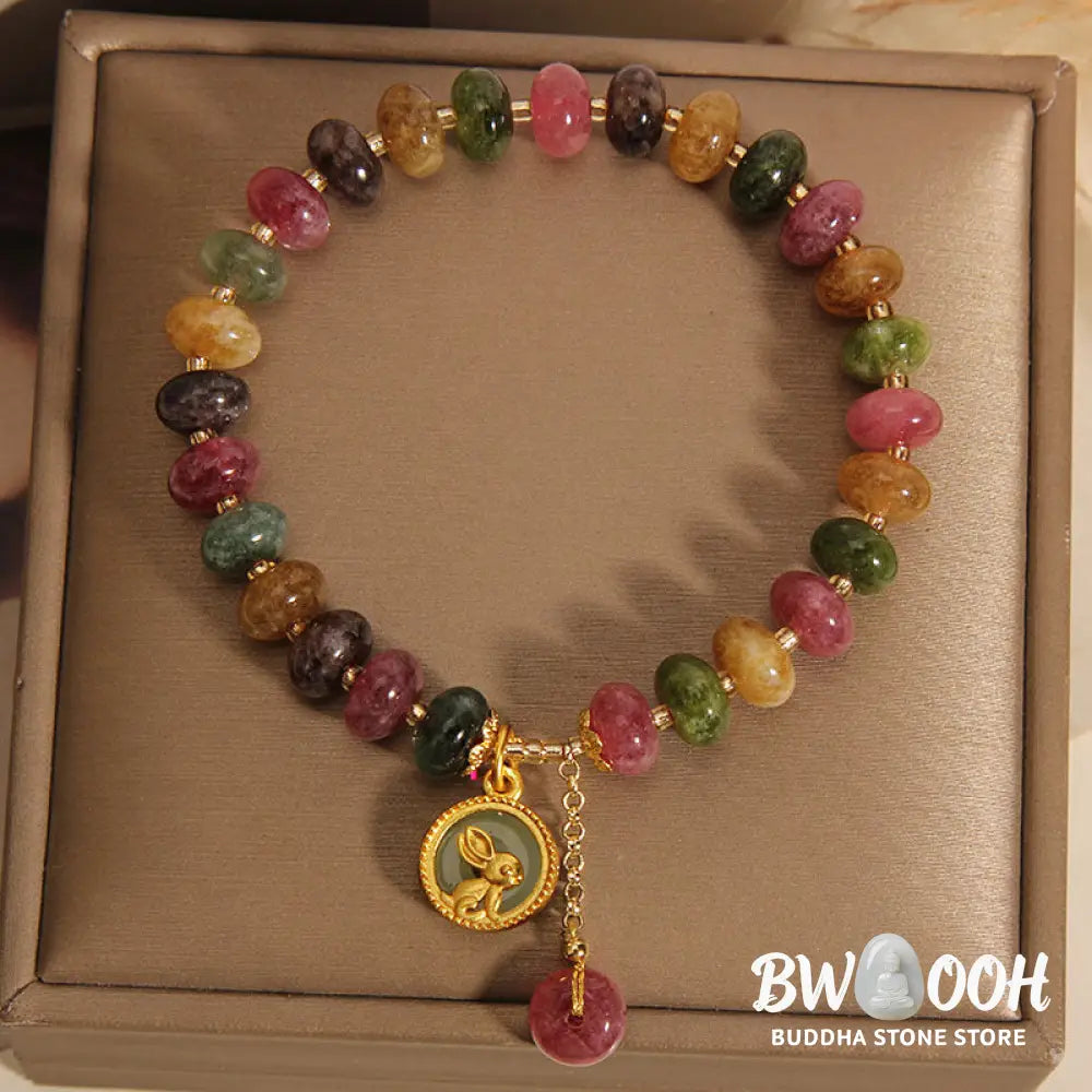 Buddha Stones Natural Colorful Tourmaline Cute Rabbit Charm Positive Bracelet - BWOOOH