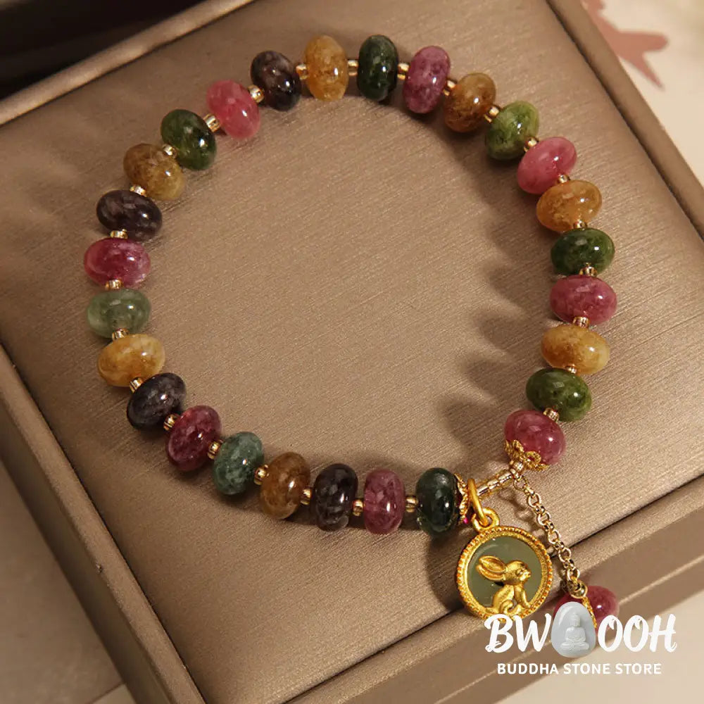 Buddha Stones Natural Colorful Tourmaline Cute Rabbit Charm Positive Bracelet - BWOOOH