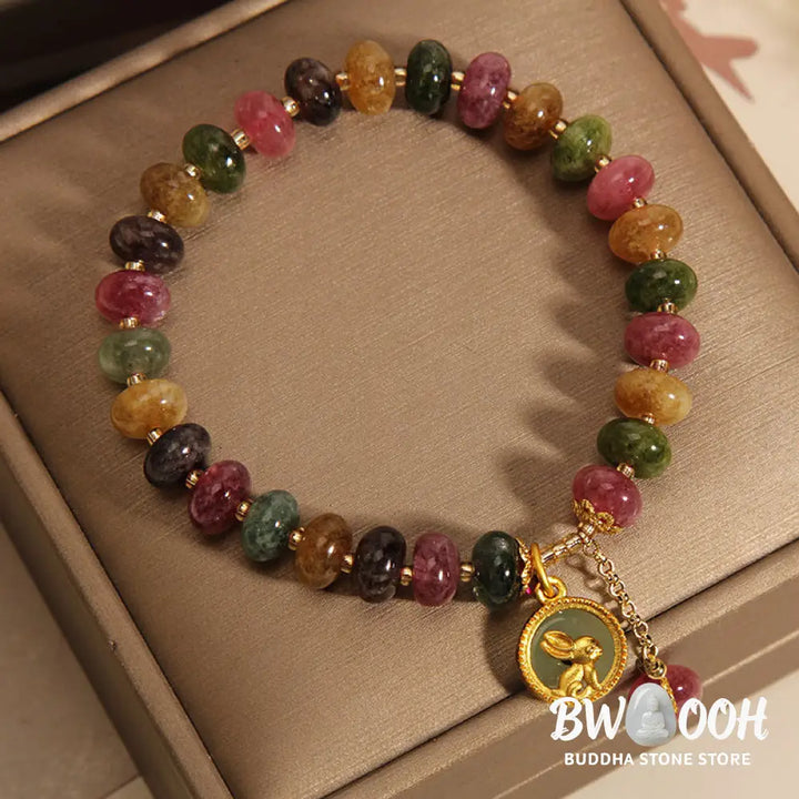 Buddha Stones Natural Colorful Tourmaline Cute Rabbit Charm Positive Bracelet - BWOOOH