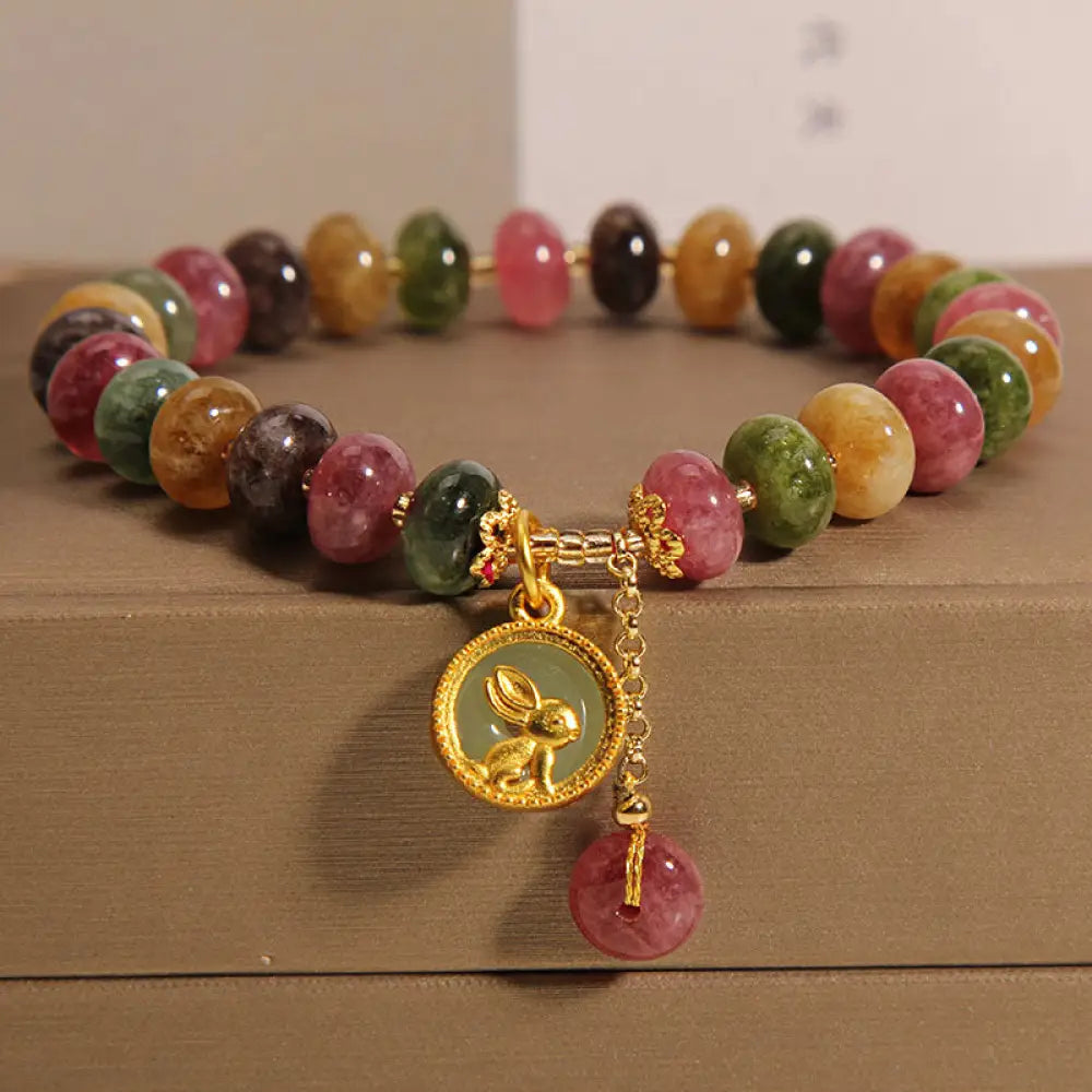 BWOOOH Natural Colorful Tourmaline Cute Rabbit Charm Positive Bracelet - BWOOOH